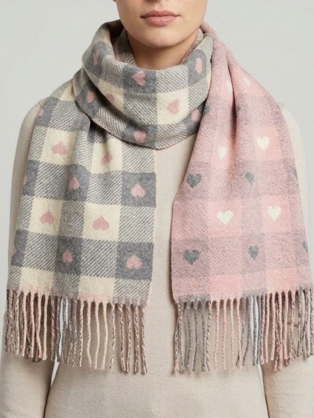 NWT Soft Cozy Reversible Heart & Plaid Fringe Scarf - Grey Pink Cream
